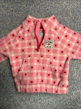 Girls Old Navy Pink Plaid Fleece Pullover with Red Heart Accents 12-18Mo EUC